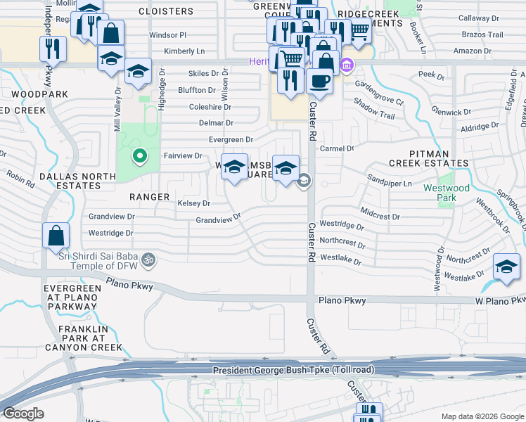 map of restaurants, bars, coffee shops, grocery stores, and more near 2212 Grandview Drive in Plano
