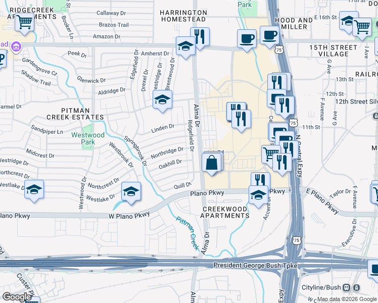 map of restaurants, bars, coffee shops, grocery stores, and more near 809 Ridgefield Drive in Plano