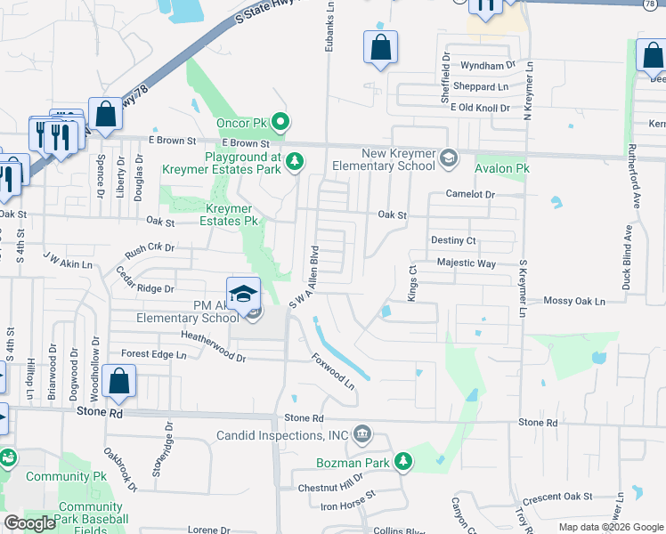 map of restaurants, bars, coffee shops, grocery stores, and more near 1202 Surrey Circle in Wylie