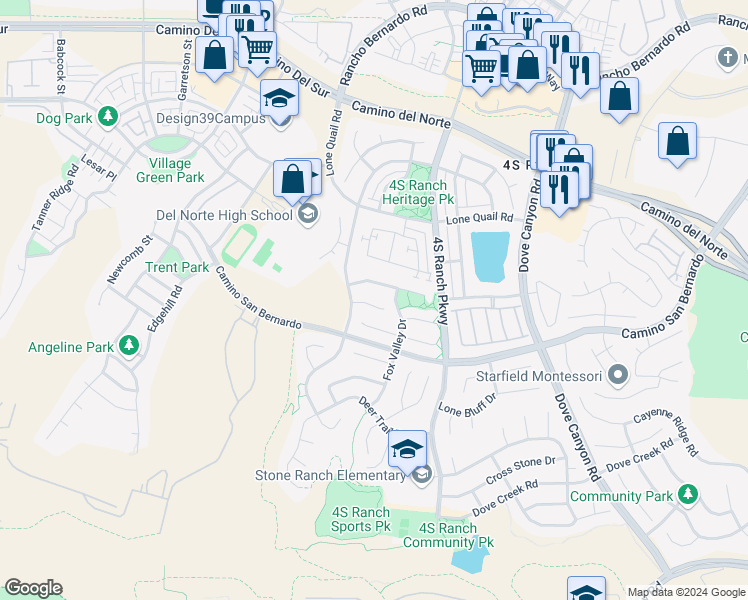 map of restaurants, bars, coffee shops, grocery stores, and more near 9842 Deer Ridge Place in San Diego