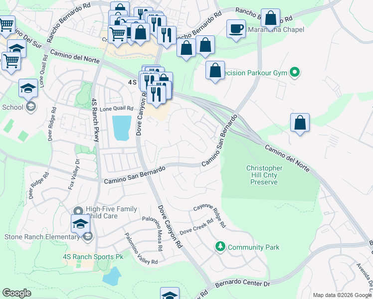 map of restaurants, bars, coffee shops, grocery stores, and more near 16511 San Rufo Court in San Diego