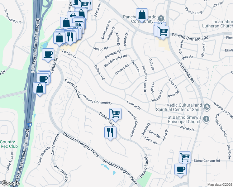 map of restaurants, bars, coffee shops, grocery stores, and more near 12179 Callado Road in San Diego
