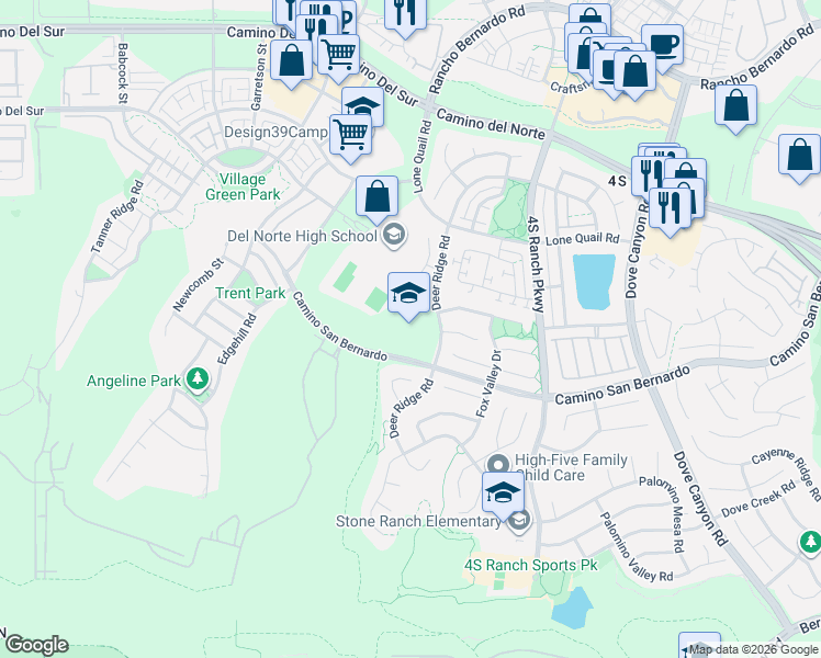 map of restaurants, bars, coffee shops, grocery stores, and more near 16601 Nighthawk Lane in San Diego