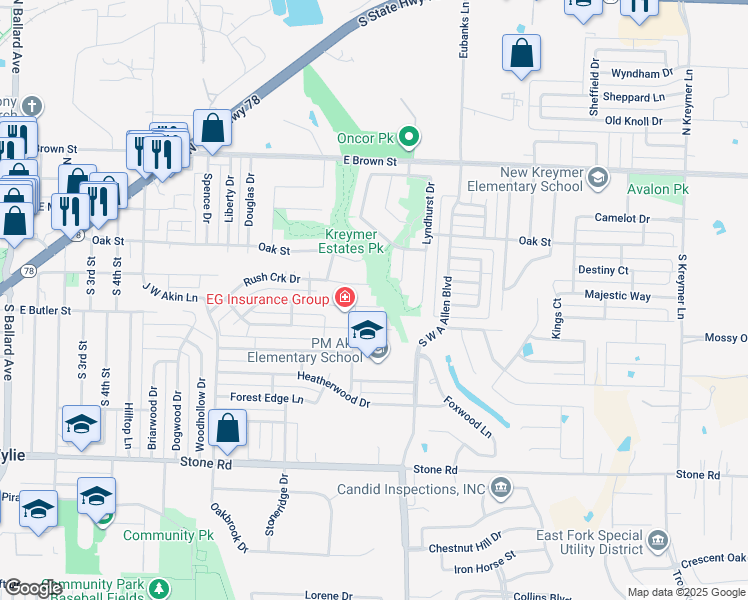 map of restaurants, bars, coffee shops, grocery stores, and more near 423 Tanglewood Drive in Wylie