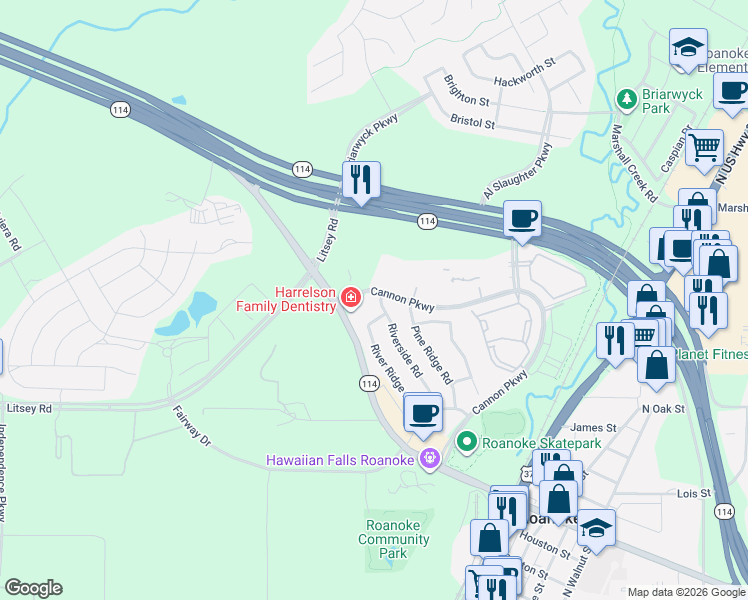 map of restaurants, bars, coffee shops, grocery stores, and more near 1425 Riverside Road in Roanoke