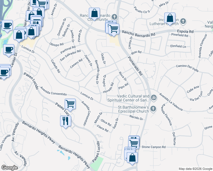 map of restaurants, bars, coffee shops, grocery stores, and more near 16441 Felice Drive in San Diego