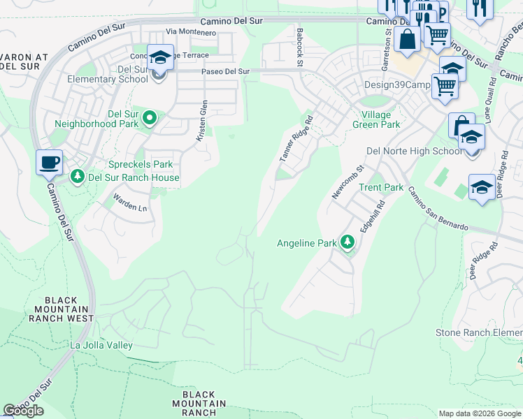 map of restaurants, bars, coffee shops, grocery stores, and more near 15492 Tanner Ridge Road in San Diego
