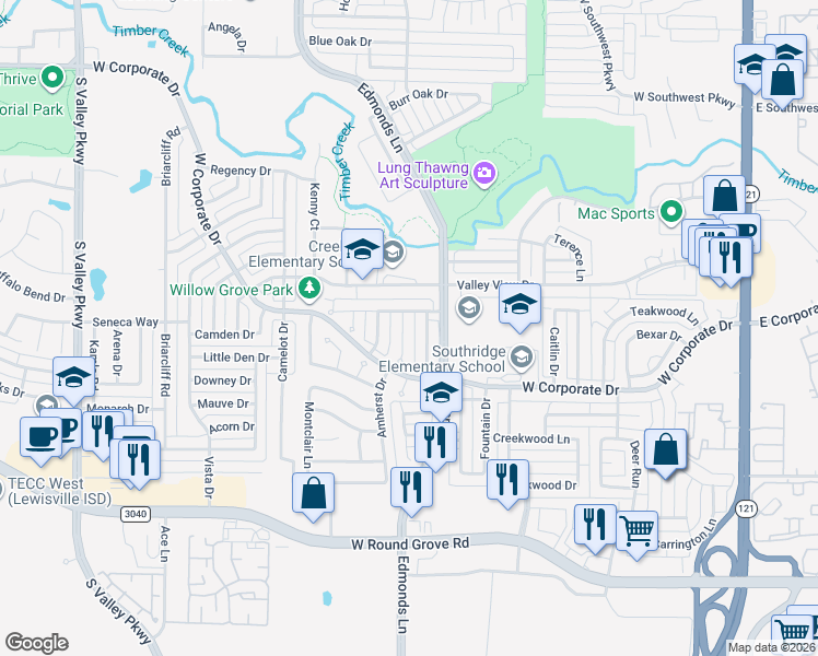 map of restaurants, bars, coffee shops, grocery stores, and more near 2059 Whispering Cove in Lewisville