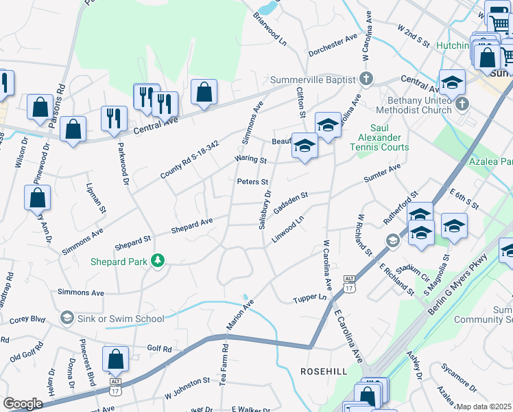 map of restaurants, bars, coffee shops, grocery stores, and more near 142 Salisbury Drive in Summerville