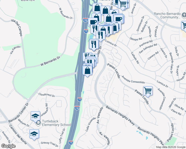 map of restaurants, bars, coffee shops, grocery stores, and more near 16336 Avenida Nobleza in San Diego