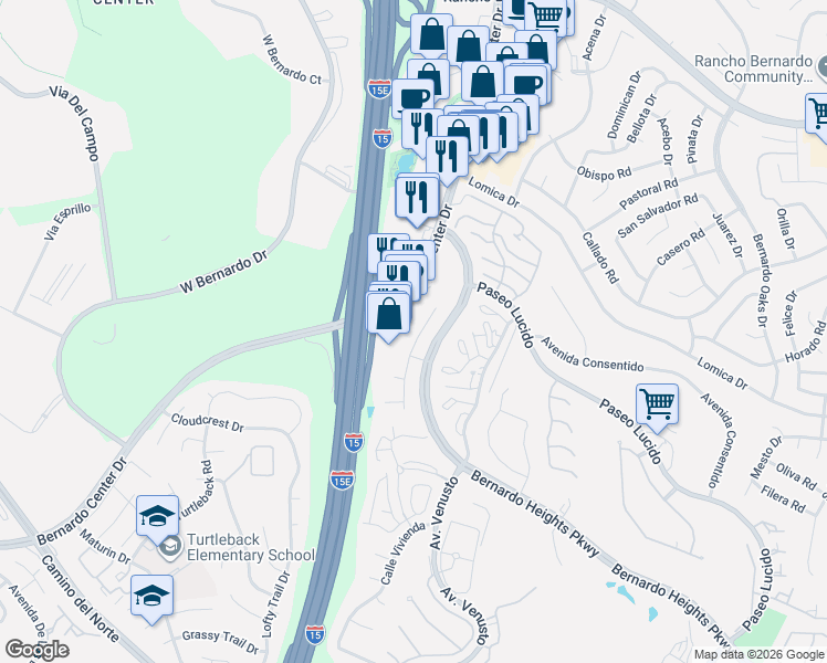 map of restaurants, bars, coffee shops, grocery stores, and more near 16330 Avenida Nobleza in San Diego