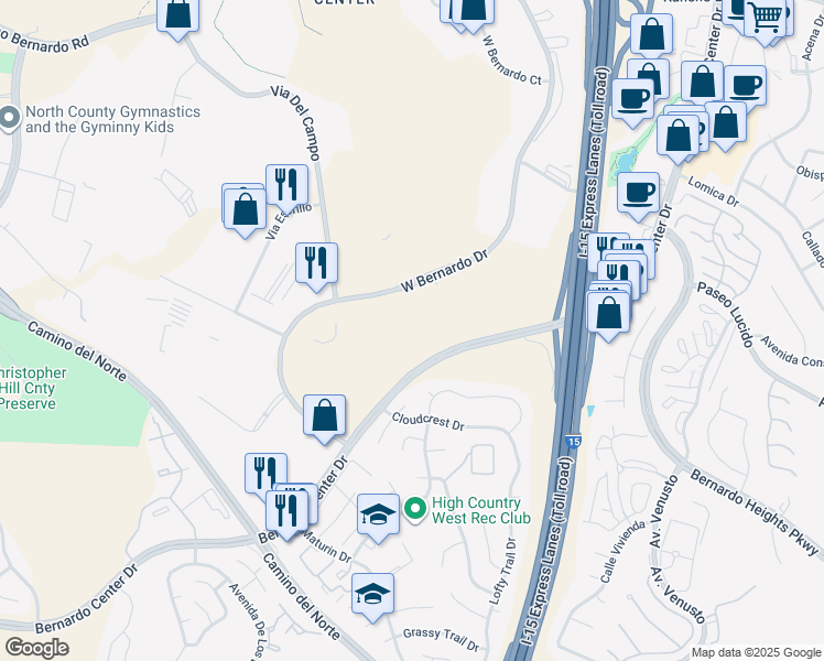 map of restaurants, bars, coffee shops, grocery stores, and more near 16453-16549 W Bernardo Dr in San Diego