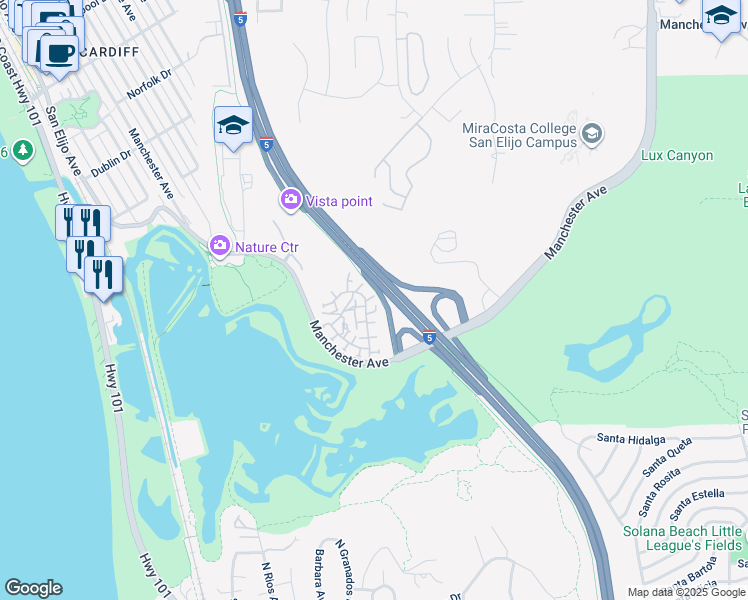 map of restaurants, bars, coffee shops, grocery stores, and more near 2535 Ocean Cove Drive in Encinitas