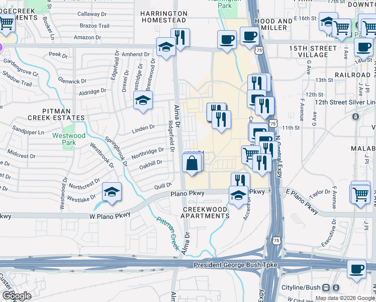 map of restaurants, bars, coffee shops, grocery stores, and more near 782 Alma Drive in Plano