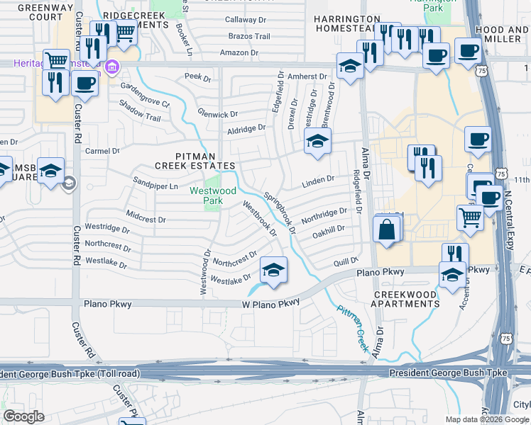 map of restaurants, bars, coffee shops, grocery stores, and more near 904 Westbrook Drive in Plano