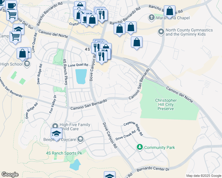 map of restaurants, bars, coffee shops, grocery stores, and more near 10659 Paseo Allegria Avenue in San Diego