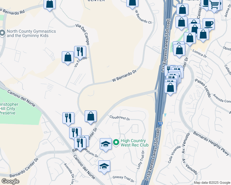 map of restaurants, bars, coffee shops, grocery stores, and more near 16409 West Bernardo Drive in San Diego