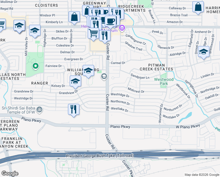 map of restaurants, bars, coffee shops, grocery stores, and more near 2037 Midcrest Drive in Plano