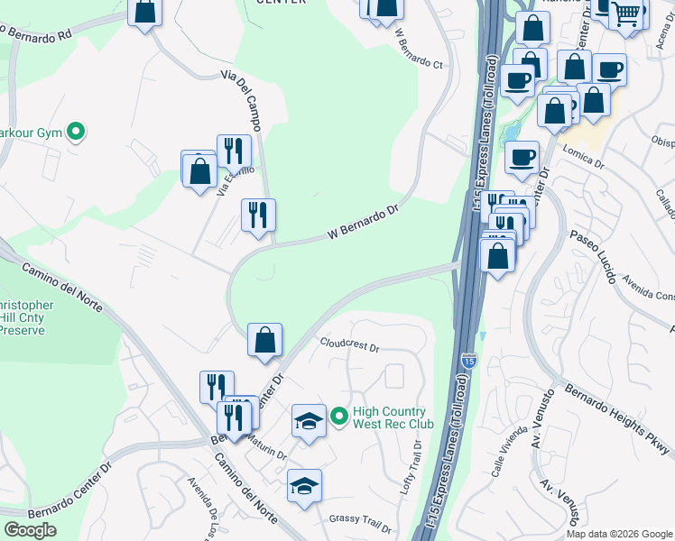 map of restaurants, bars, coffee shops, grocery stores, and more near 16409 West Bernardo Drive in San Diego