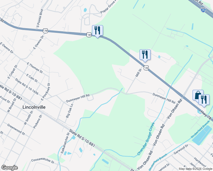 map of restaurants, bars, coffee shops, grocery stores, and more near 203 Dunmeyer Hill Road in Summerville