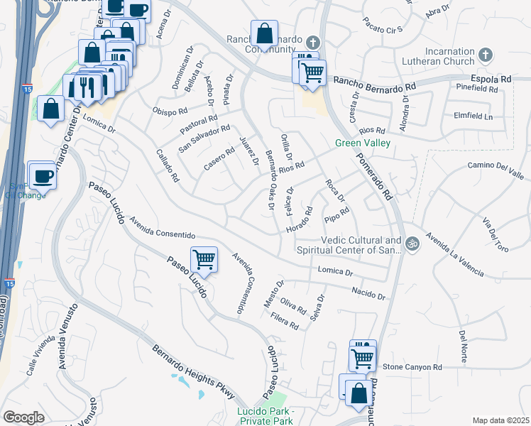 map of restaurants, bars, coffee shops, grocery stores, and more near 12260 Nivel Court in San Diego