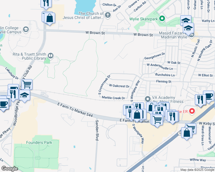 map of restaurants, bars, coffee shops, grocery stores, and more near 931 West Oakcrest Drive in Wylie