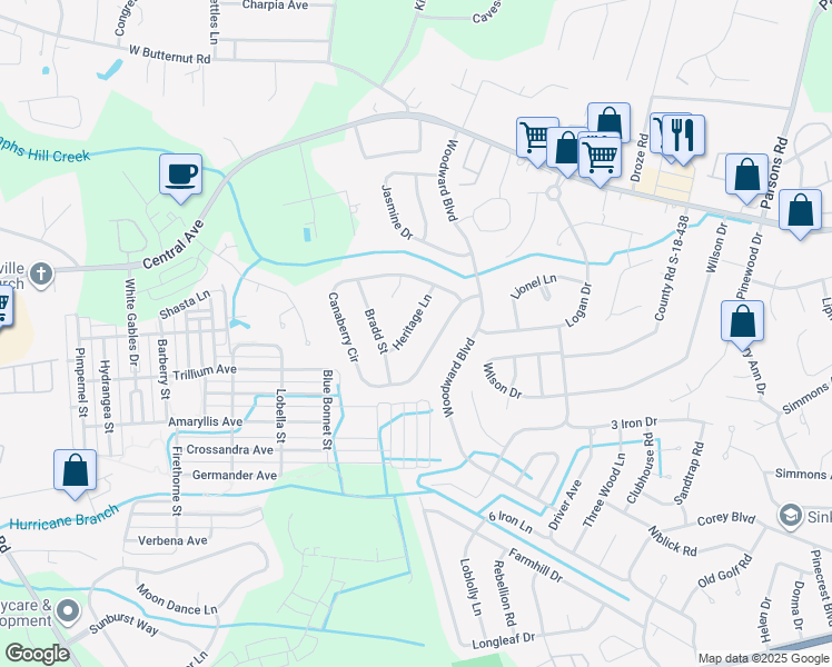 map of restaurants, bars, coffee shops, grocery stores, and more near 112 Heritage Lane in Summerville