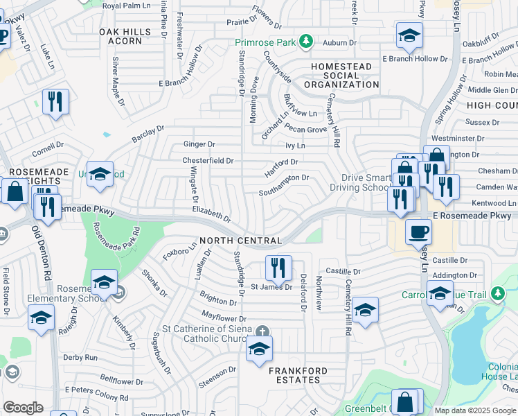 map of restaurants, bars, coffee shops, grocery stores, and more near 3713 Grasmere Drive in Carrollton