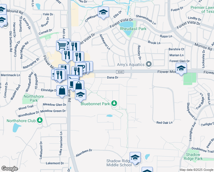 map of restaurants, bars, coffee shops, grocery stores, and more near 2313 Heather Ridge Dr in Flower Mound