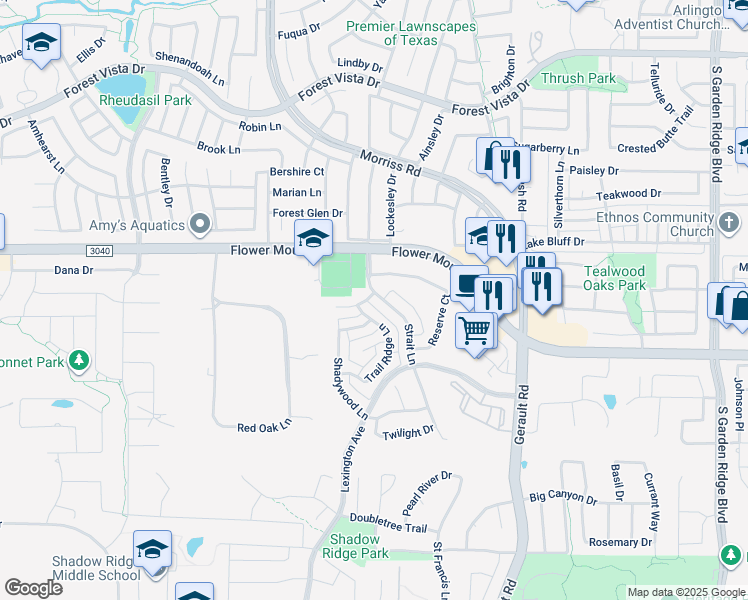 map of restaurants, bars, coffee shops, grocery stores, and more near 1933 Strait Lane in Flower Mound