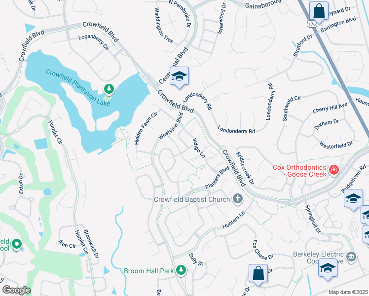 map of restaurants, bars, coffee shops, grocery stores, and more near 104 Mallory Drive in Goose Creek
