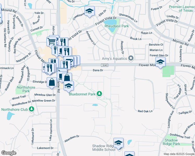 map of restaurants, bars, coffee shops, grocery stores, and more near 2313 Heather Ridge Drive in Flower Mound