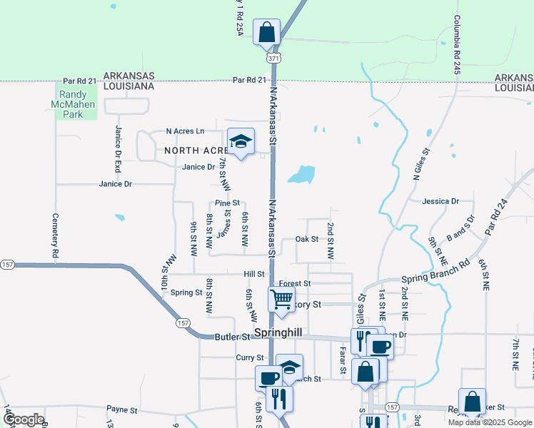 map of restaurants, bars, coffee shops, grocery stores, and more near 710 North Arkansas Street in Springhill