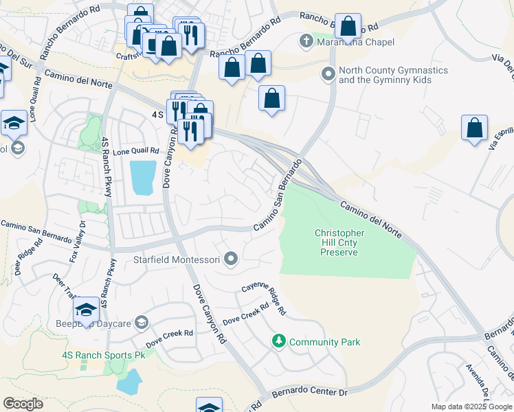 map of restaurants, bars, coffee shops, grocery stores, and more near 10840 La Alberca Avenue in San Diego