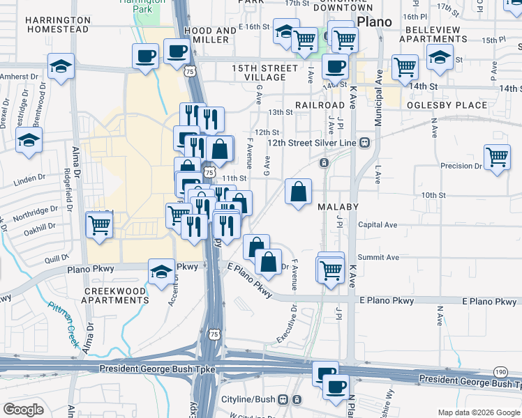 map of restaurants, bars, coffee shops, grocery stores, and more near 925 Southwestern Avenue in Plano
