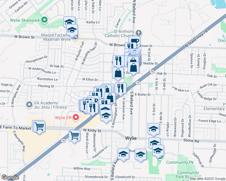 map of restaurants, bars, coffee shops, grocery stores, and more near 120 South Birmingham Street in Wylie