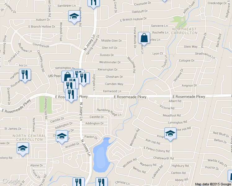 map of restaurants, bars, coffee shops, grocery stores, and more near 1934 Kentwood Lane in Carrollton