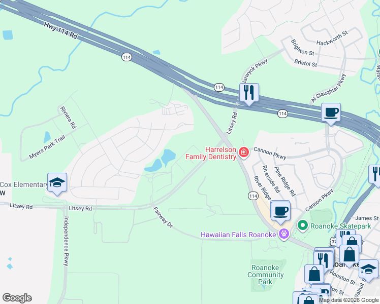 map of restaurants, bars, coffee shops, grocery stores, and more near 1056 Cabinside Drive in Roanoke