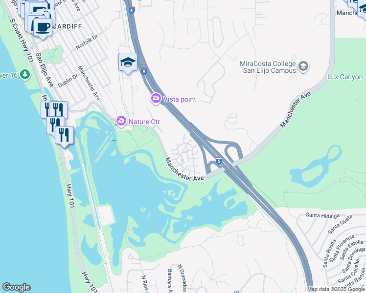 map of restaurants, bars, coffee shops, grocery stores, and more near 2438 Caminito Ocean Cove in Encinitas