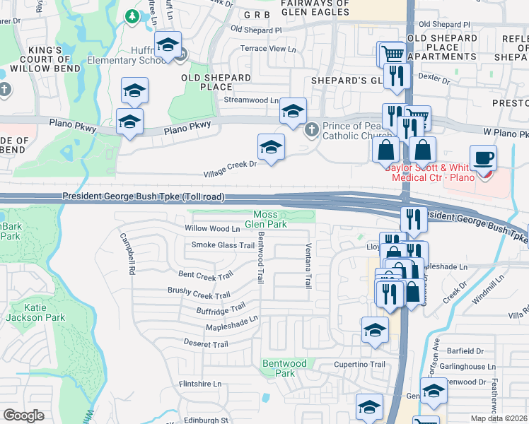 map of restaurants, bars, coffee shops, grocery stores, and more near 5200 Bentwood Trail in Dallas