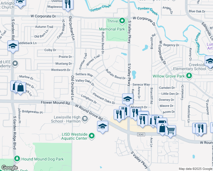 map of restaurants, bars, coffee shops, grocery stores, and more near 2046 Sienna Trail in Lewisville