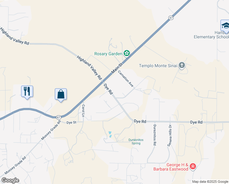 map of restaurants, bars, coffee shops, grocery stores, and more near 3411 Dye Road in Ramona