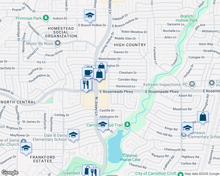 map of restaurants, bars, coffee shops, grocery stores, and more near 1910 Kentwood Lane in Carrollton