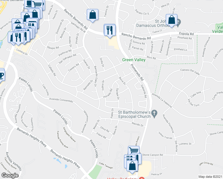 map of restaurants, bars, coffee shops, grocery stores, and more near Horado Road in San Diego
