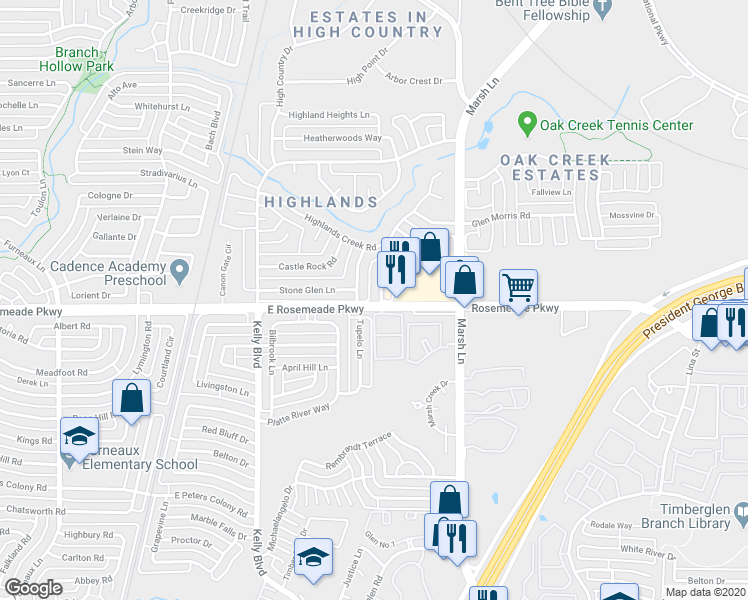 map of restaurants, bars, coffee shops, grocery stores, and more near 3701 Galloway Lane in Carrollton