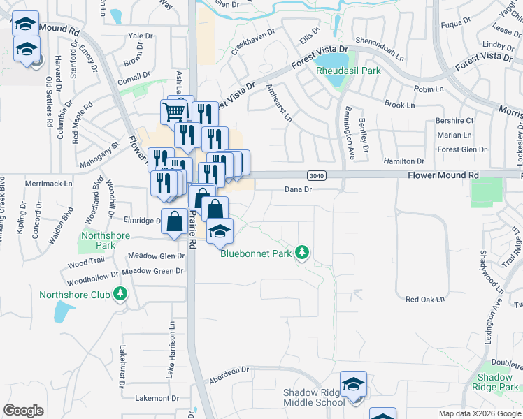 map of restaurants, bars, coffee shops, grocery stores, and more near 1909 Blue Ridge Drive in Flower Mound