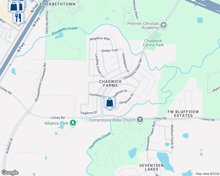 map of restaurants, bars, coffee shops, grocery stores, and more near 15469 Landing Creek Lane in Roanoke