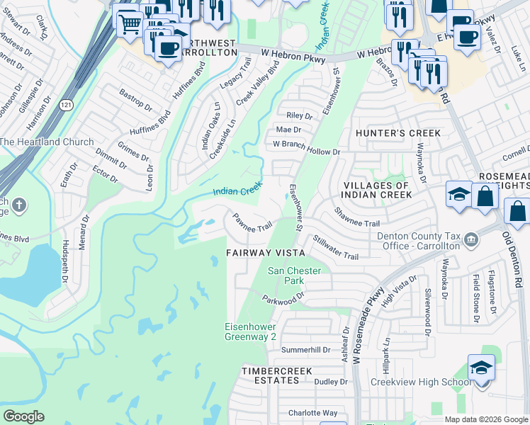 map of restaurants, bars, coffee shops, grocery stores, and more near 3806 Quivera Circle in Carrollton