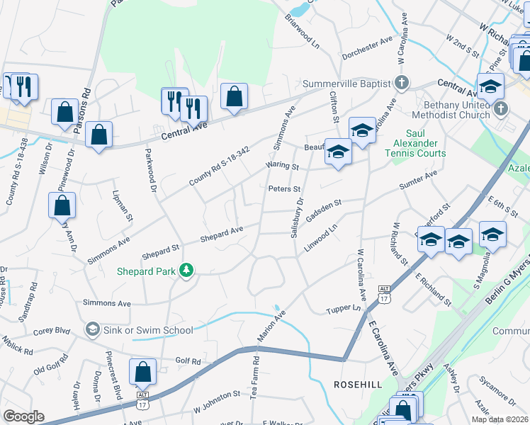 map of restaurants, bars, coffee shops, grocery stores, and more near in Summerville