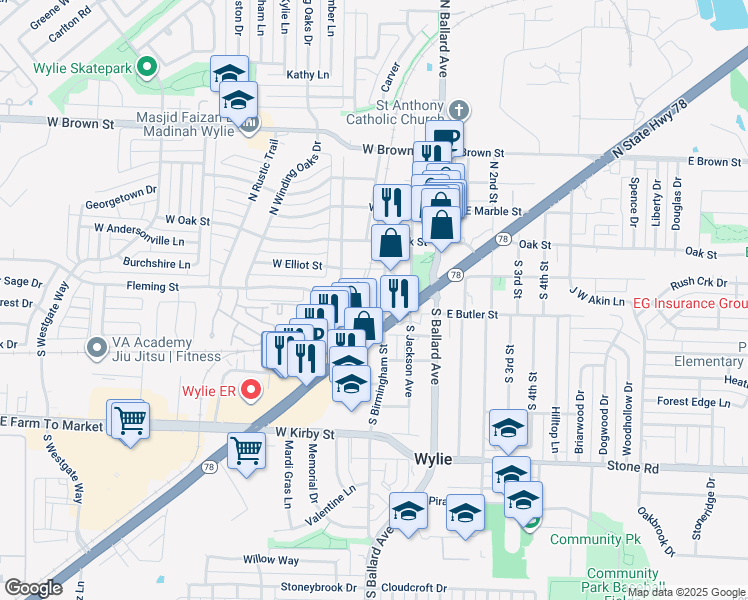 map of restaurants, bars, coffee shops, grocery stores, and more near 120 South Birmingham Street in Wylie